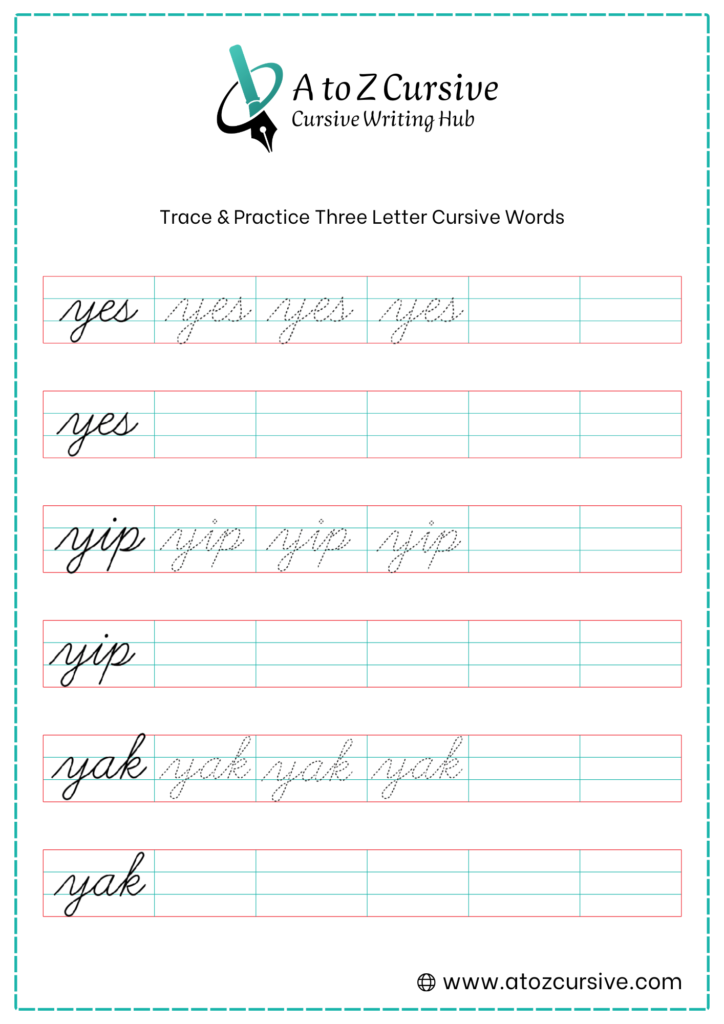 Three Letter Cursive Words - Sheet 25
